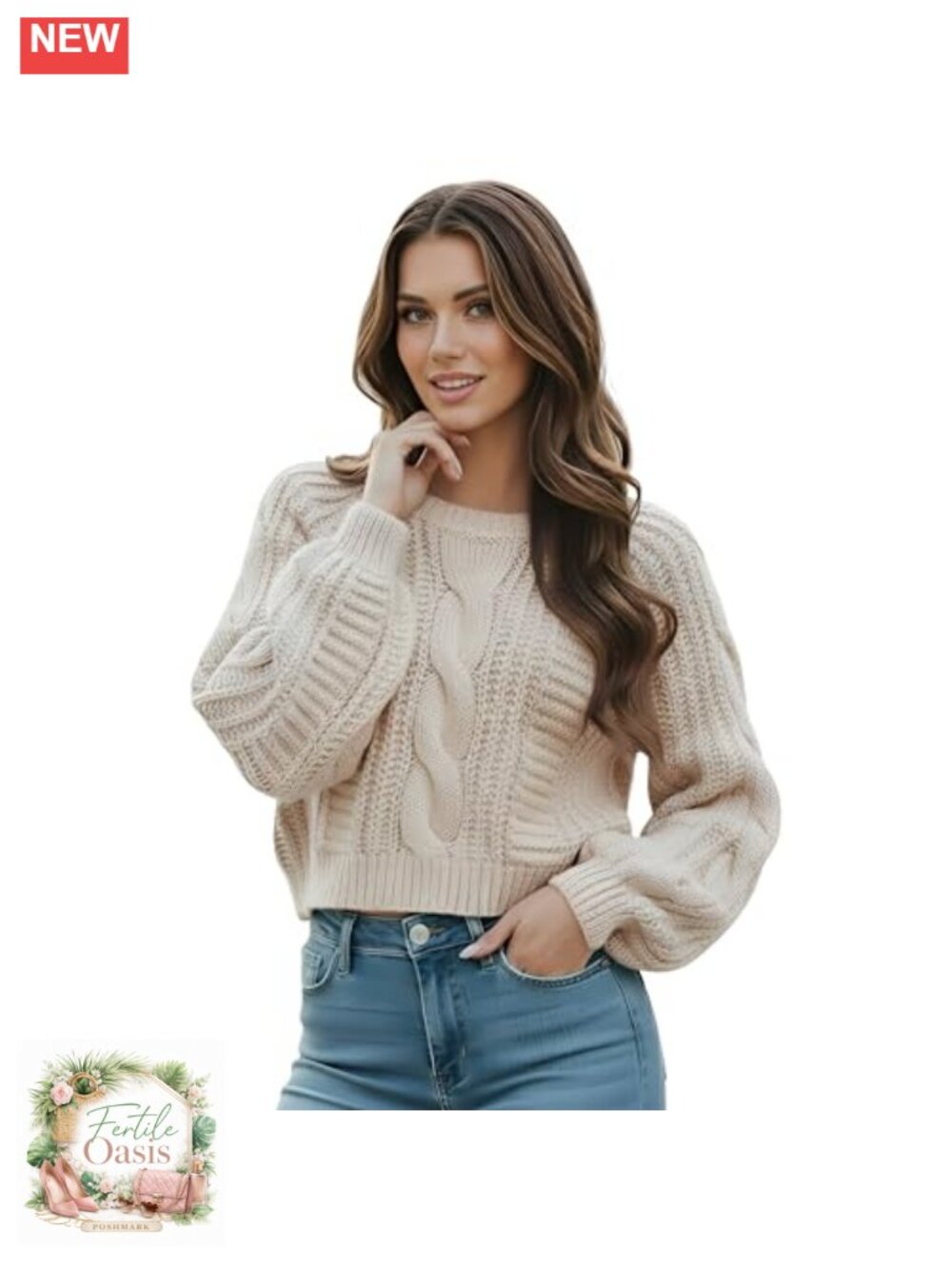 Cropped Cable Knit Sweater Long Sleeve Pullover Acrylic Women's Fall Winter